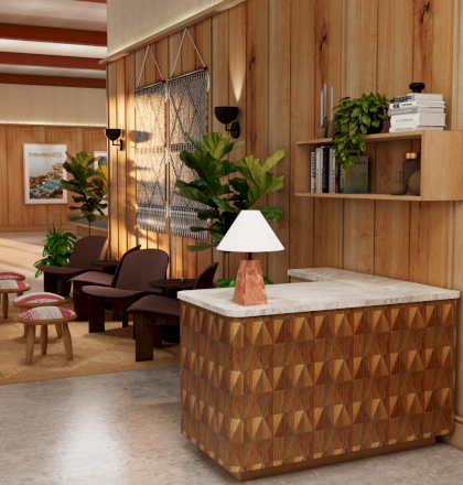 A cozy living room with warm wood furniture, plants, woven baskets, and rustic shelves&mdash;sunlight streams in, creating a welcoming, nature-inspired space.